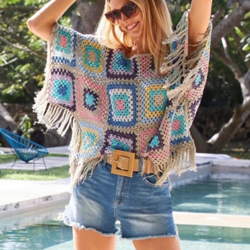 Boston Proper Lurex Slouchy Granny Square Crochet‎ Poncho Size XS/S - Picture 2 of 11